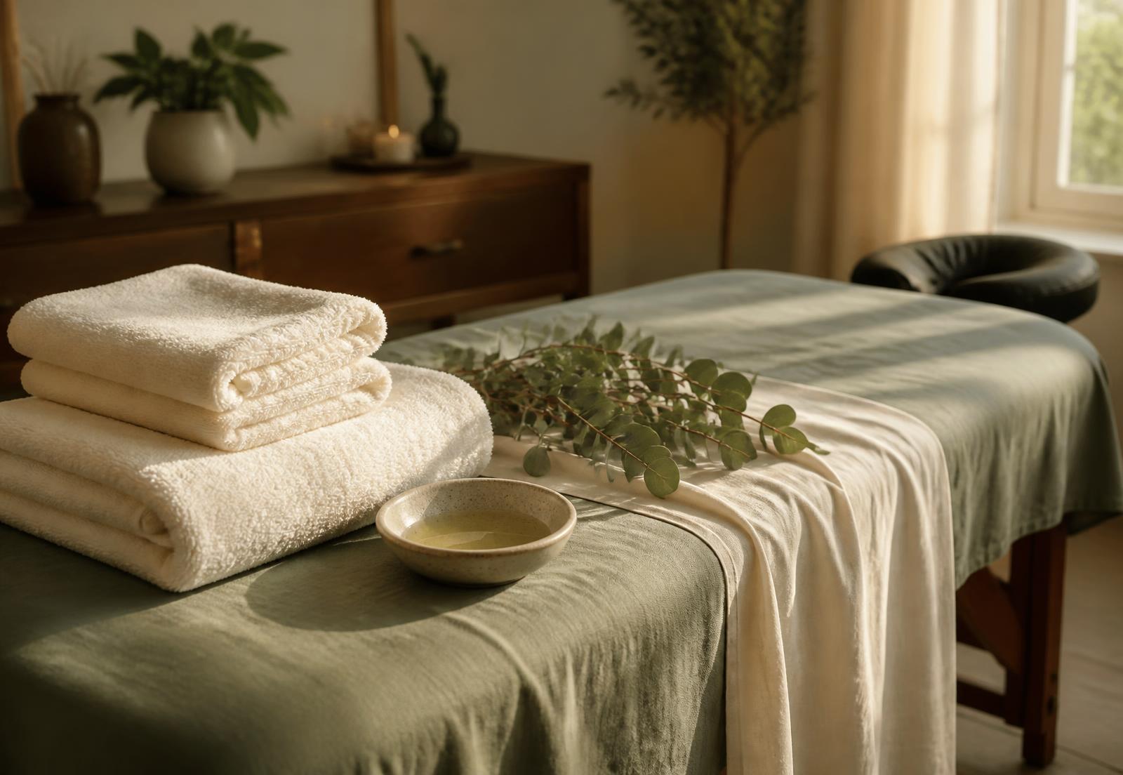 A portable massage table dressed in sage green linen and cream towels in a sunlit living room